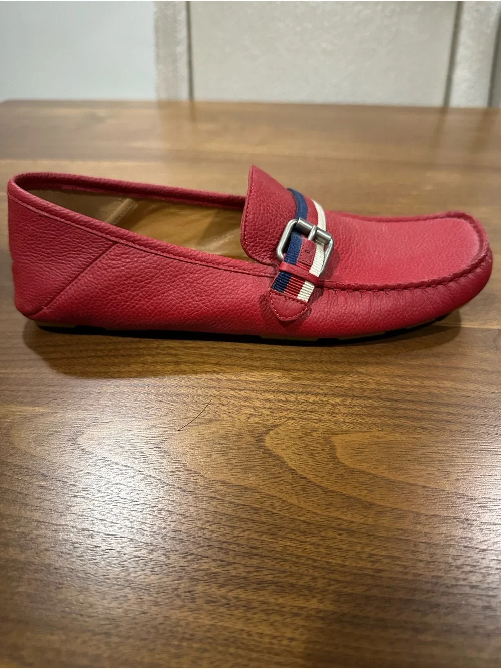 Gucci Red Pebbled Leather Loafers with Blue & White Web Detail